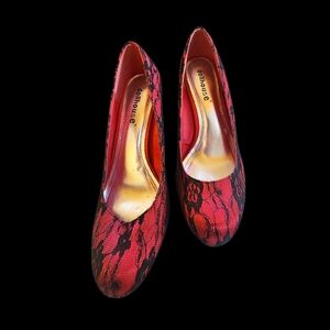 EUC Dollhouse Black and Red Lace Heels